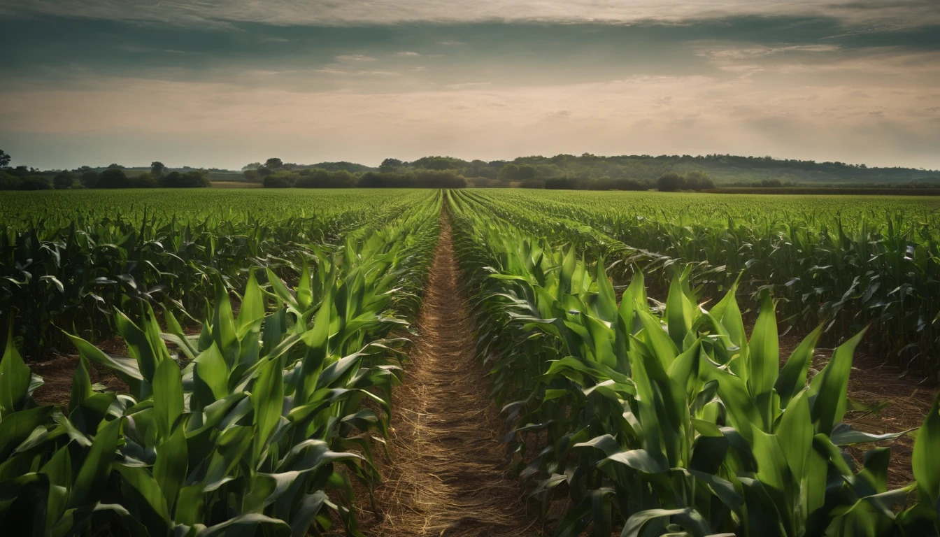 a wide-angle shot of a vast cornfield, showcasing the rows of tall, vibrant green stalks as they stretch into the distance