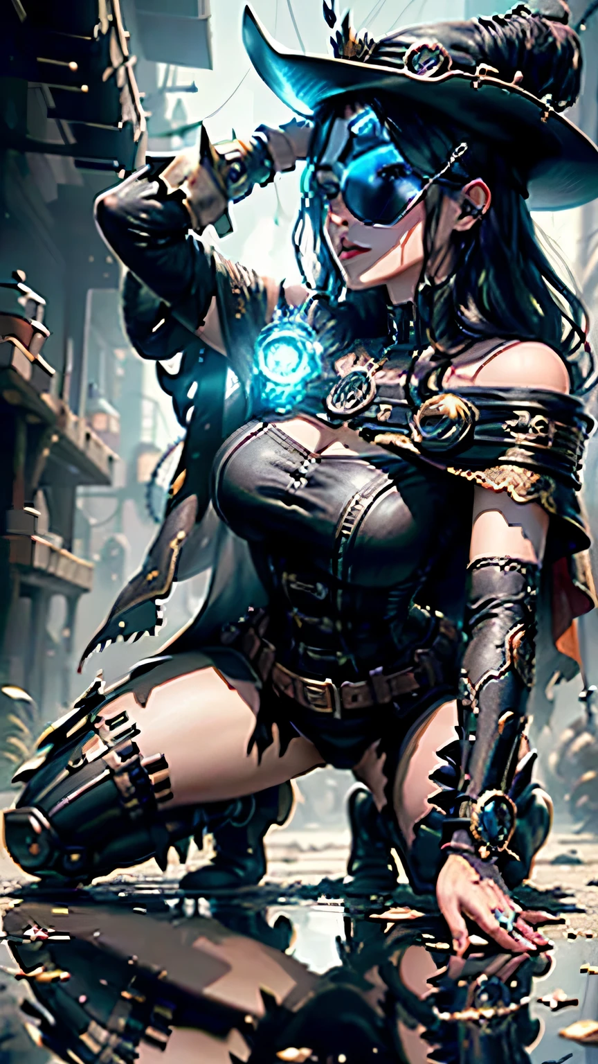 (极其meticulosoCG unity 8K wallpaper), (tmasterpiece), (Best quality:1.2), (A high resolution), (illuminations:1.1), (电影灯光:1.1), meticuloso, intricate detailest illuminations), 8K分辨率, Complicated details, Best quality, actual, ultra - detailed, best illuminate, The best shadow, hyper HD, The engine of crying, hyper HD, (Detailed reflection), detailed shadow, (((Complicated details))), smooth private parts, ((perfect blackout)), High quality metal texture, metallic luster, highly detailed illuminations, (semi actual:1.6), (Wide_shooting:1.2), (from below, holland angle_Angular), holland angle Angular, ((cowboy shooting)),Close-up of a woman wearing a black dress and cloak, Artgerm et WLOP, Guviz-style artwork, author:heroes, Very detailed ArtGerm, wlop and artgerm, Ellie Fall and Art Jam, Stunning character art, Belle peinture de personnage, guweiz, Artist artgerm i and wlop,Anne Hathaway in black dress、Close-up of woman in hat, author:heroes, Steampunk beautiful anime woman, Yennefer, Sakimichan Frank Franzetta, Yennefer of vengerberg, , cyberpunk femme fatale, like a mechanical lady, gothic - cyberpunk, style of raymond swanland, Cyberpunk dark fantasy, cyberpunk anime girl