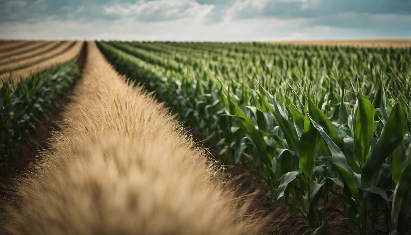 a wide-angle shot of a vast cornfield, showcasing the rows of tall, vibrant green stalks as they stretch into the distance
