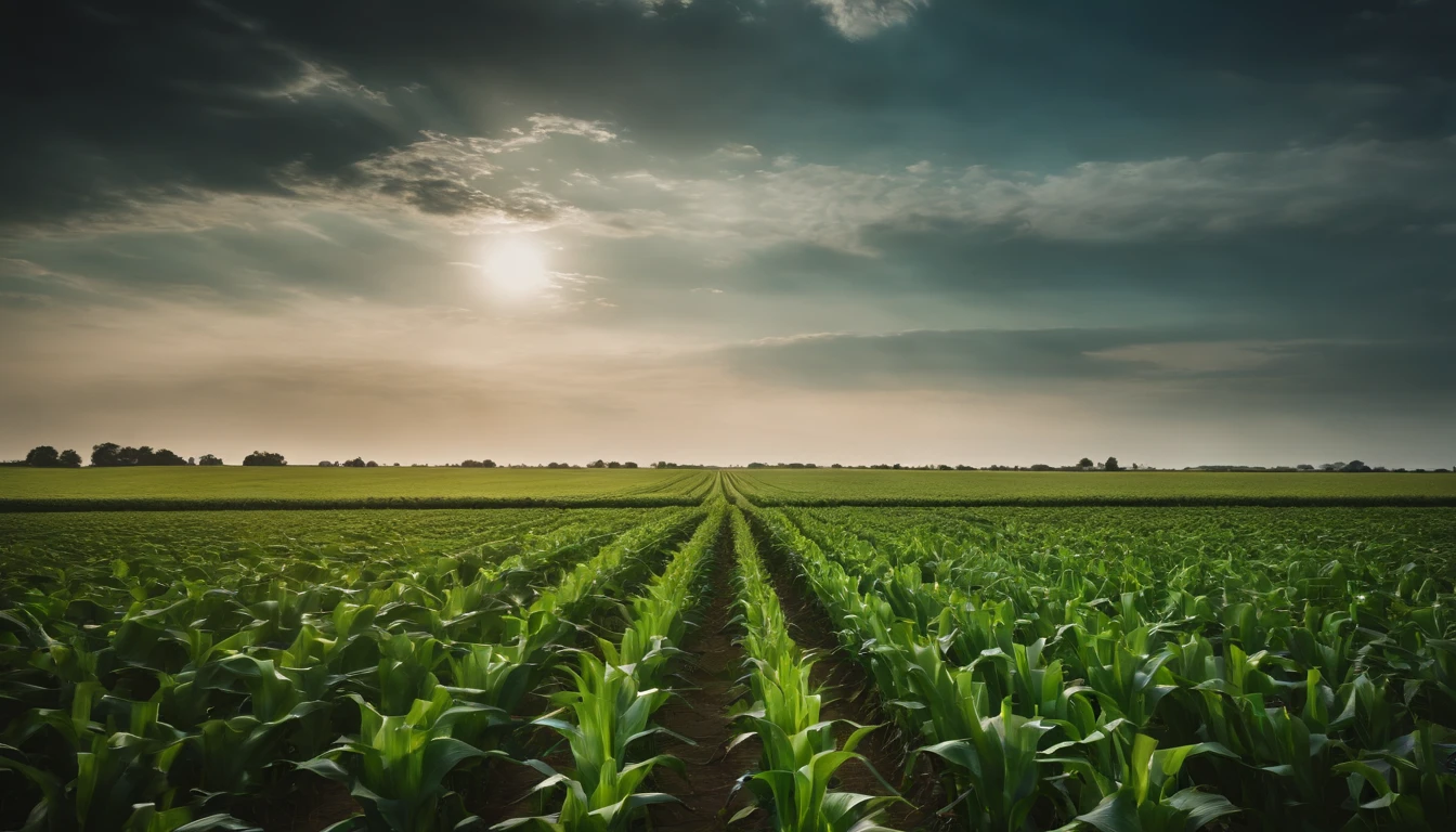 a wide-angle shot of a vast cornfield, showcasing the rows of tall, vibrant green stalks as they stretch into the distance