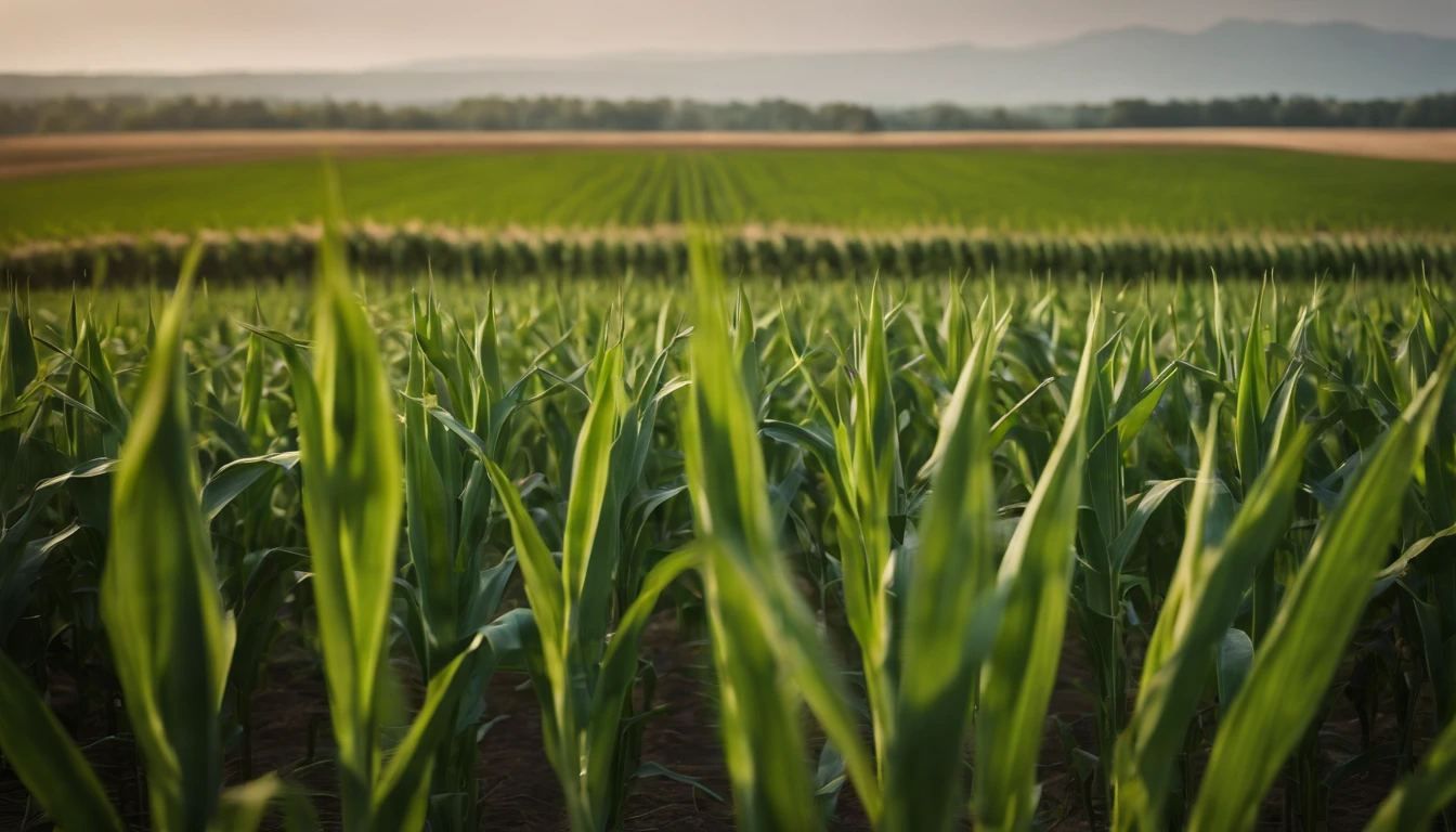 a wide-angle shot of a vast cornfield, showcasing the rows of tall, vibrant green stalks as they stretch into the distance