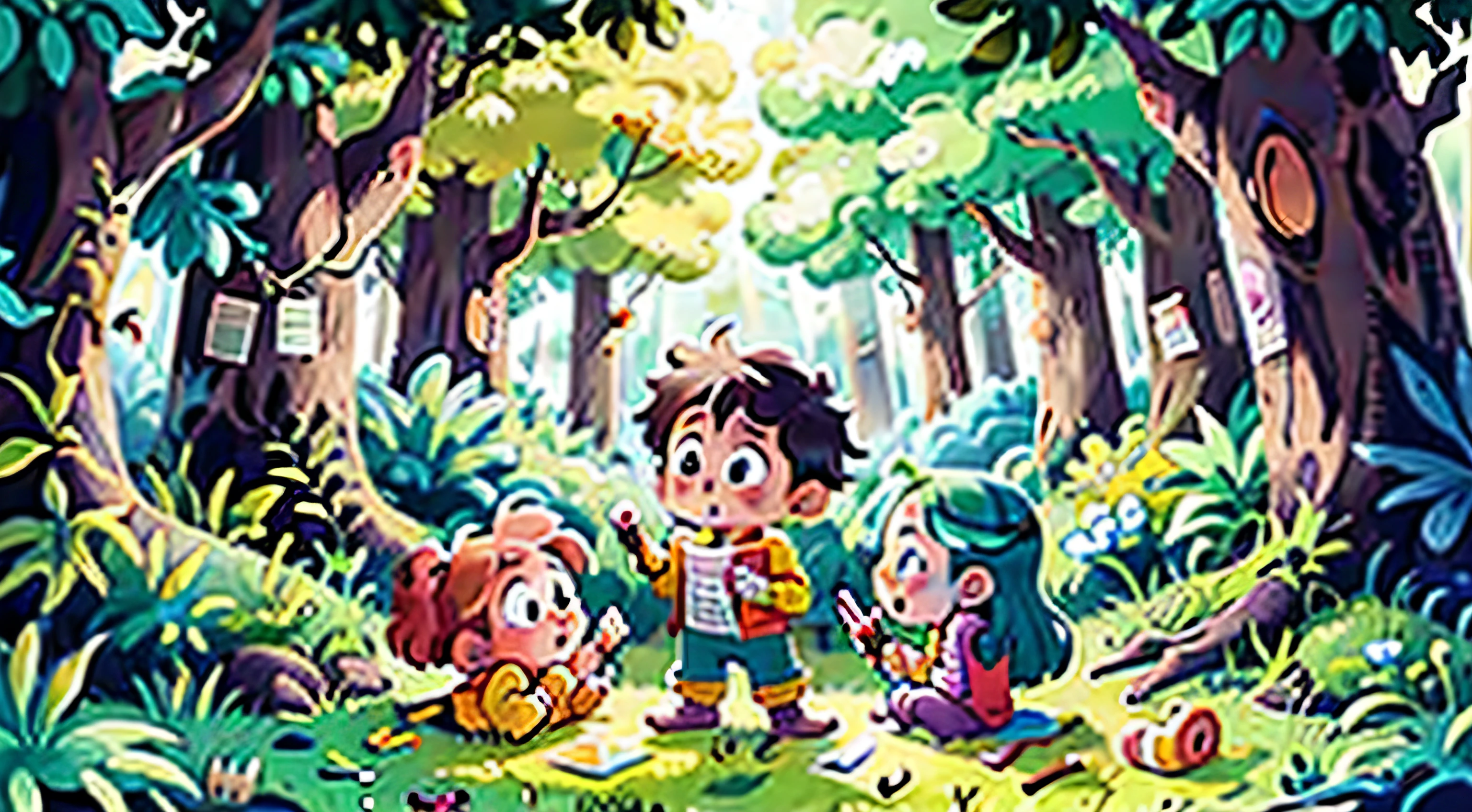 children play and color in the forest and there are lots of crayons and colored markers around.