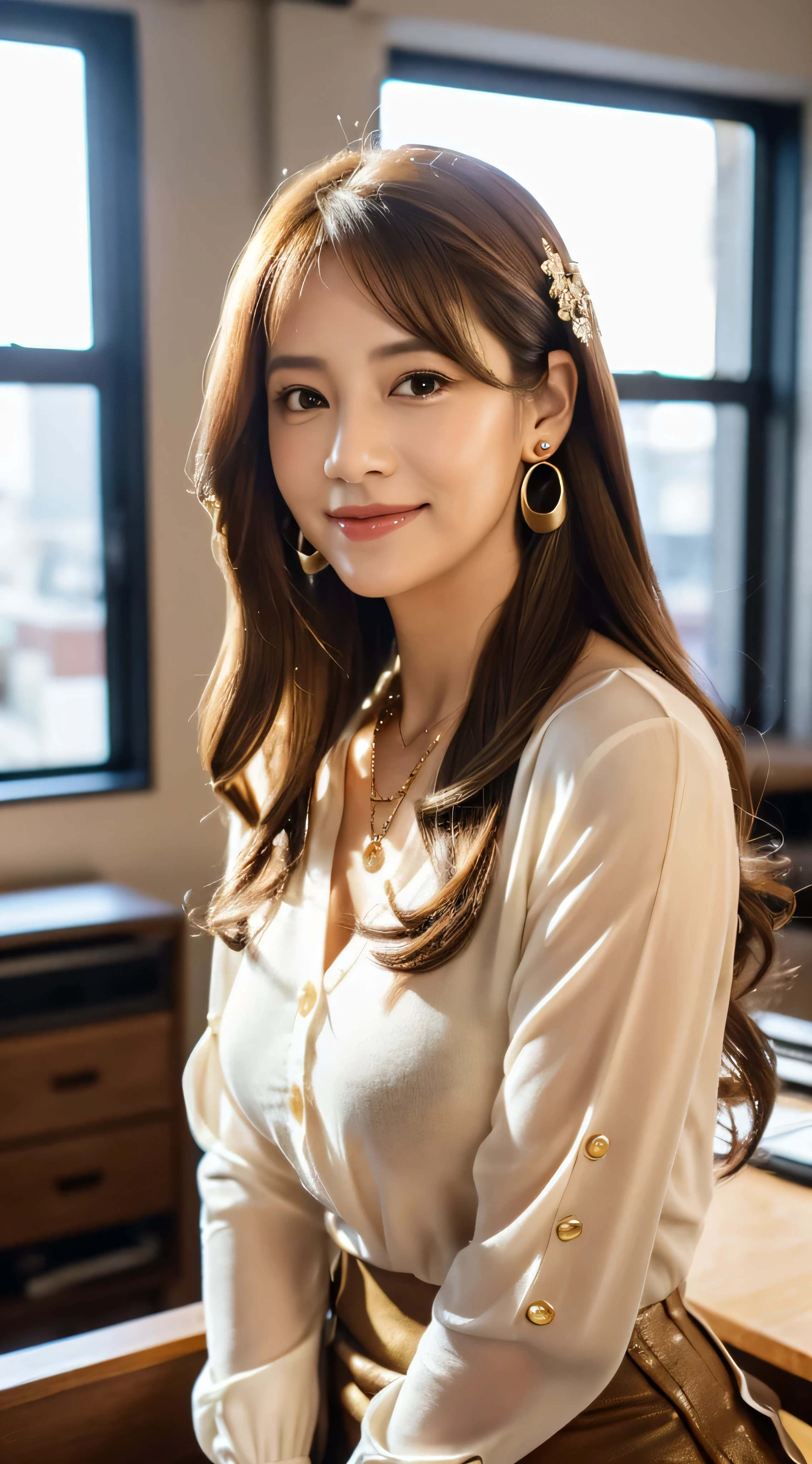 ulzzang -6500-v1.1, (Raw photo:1.2), (Photorealsitic), Beautiful detailed, (Real: 1.4), ighly detailedな目と顔, beatiful detailed eyes, Standing in the office、(Ultra-realistic pantyhose、high-heels)、Standing cross-legged、huge filesize, hight resolution, ighly detailed, top-quality, [​masterpiece:1.6], illustratio, ighly detailed, nffsw, finely detail, top-quality, 8k wallpaper, Cinematographic lighting, 1 milf, 43 yeas old, perfect body type, Cute sagging eyes,Beautiful big eyes、Pieckfinger, ((masutepiece)), Best Quality, 1 milf, eye shadow, Portrait, ((FULL BODYSHOT:1.4))、(Very affectionate smile:1.2)、((brown super long hair:1.2))((loose and wavy hair:1.3))((White Button Blouse＿White miniskirt＿Open up to the second button:1.2))((Gold necklace＿large earring:1.3))(())