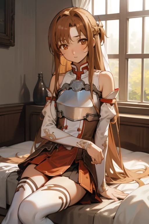 asunayuuki, asuna yuuki, long hair, brown hair, (brown eyes:2), (small breast:1.2),
BREAK skirt, thighhighs, bare shoulders, detached sleeves, armor, white thighhighs, breastplate,
BREAK indoors, bed, bedroom,
BREAK looking at viewer, BREAK (masterpiece:1.2), best quality, high resolution, unity 8k wallpaper, (illustration:0.8), (beautiful detailed eyes:1.6), extremely detailed face, perfect lighting, extremely detailed CG, (perfect hands, perfect anatomy),