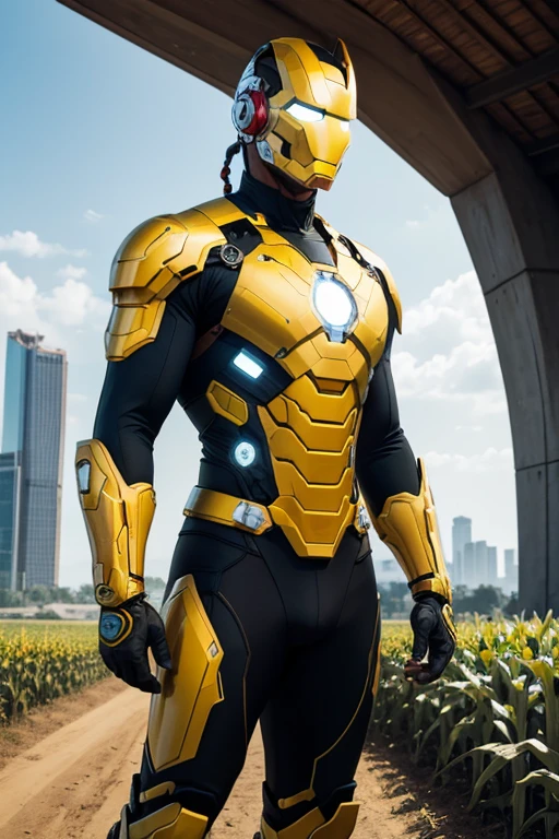 Develop a visual concept for the hero 'Corn Man', a technological figure inspired by the corn cob, with a touch of high technology à la Iron Man.
The Corn Man costume is a futuristic armor comprised of smooth, elegant lines that mimic the natural curves of a corncob.. The armor is predominantly golden, with details in green to represent corn leaves and shades of yellow to simulate ripe grains.
Corn Man's helmet is equipped with an advanced visor, which incorporates state-of-the-art technology for agricultural and environmental data analysis. Em vez de um reator no peito, It features an innovative power core that captures the essence of solar energy, reflecting your connection to nature.
Corn Man's hands are equipped with high-tech gadgets, representing agricultural tools adapted for use in heroic situations. Their boots contain thrusters that allow for agile and maneuverable flight..
Ao fundo, create an environment that mixes agricultural landscapes with futuristic skyscrapers, symbolizing the duality between the natural world and technological advancement. Milho Man deve estar em uma pose heroica, com um olhar determinado e confiante, ready to protect nature and society with its unique combination of agricultural and technological power."
This prompt can serve as a starting point for creating a visually interesting and conceptual image of the hero "Milho Man"