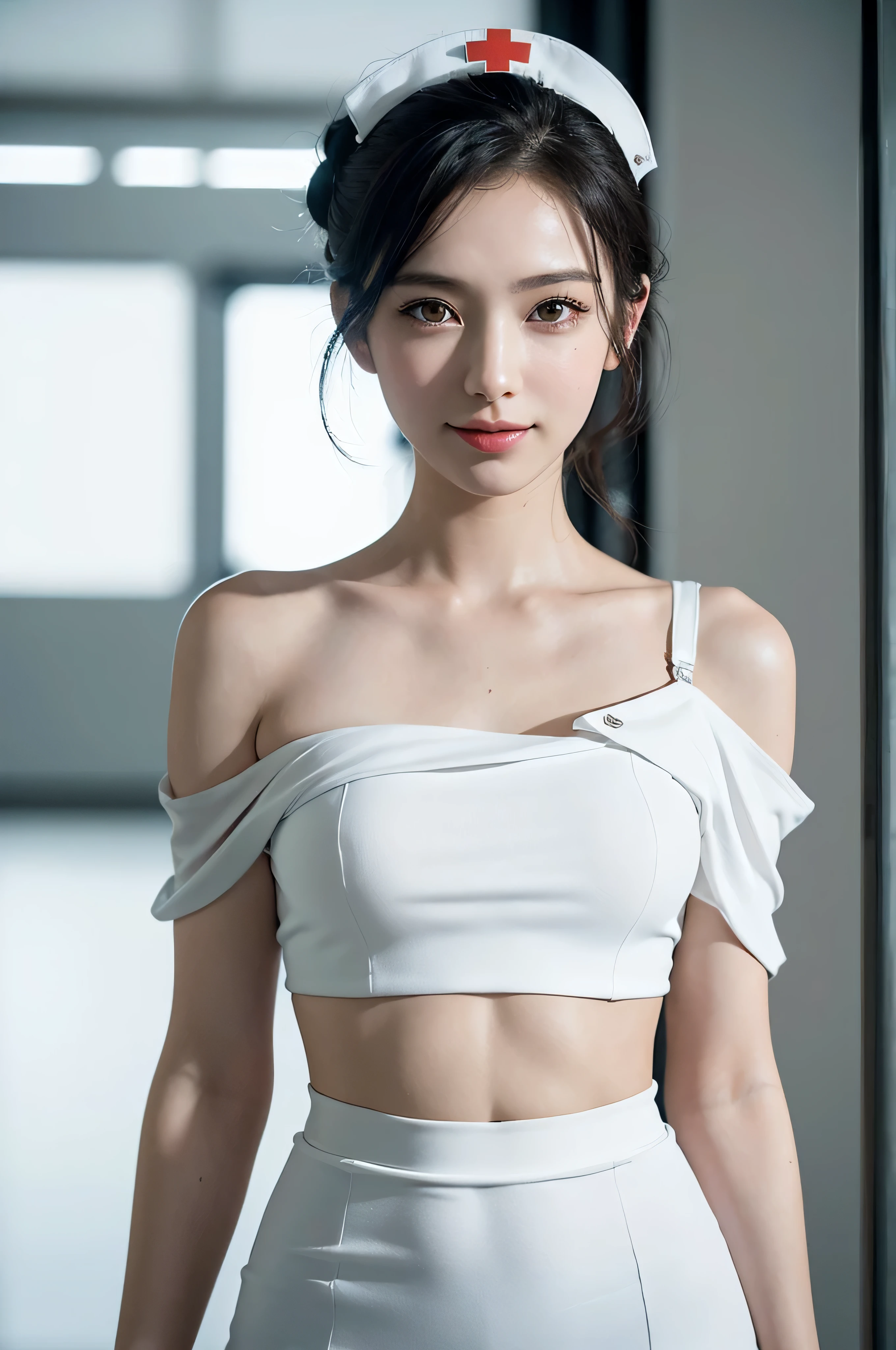 ((masterpiece, top quality)), 1 girl, (photorealistic: 1.4), solo, really snow-white background, black hair, short hair, absolute area, miniskirt, ((beauty, cute, 20 years old, bangs, little smile, white clothes, white outfit, white outfit, ears out, off-shoulder, sleeveless, eyelasheig breasts, masterpiece, best quality, solo, 1girl, nurse, cyberpunk, robot, luminous skin, glamorous, whimsical details, slicked hair, face front, portrait, shallow depth of field, contrapposto