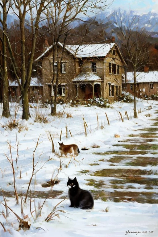 portrait of a cat on the background of the winter countryside