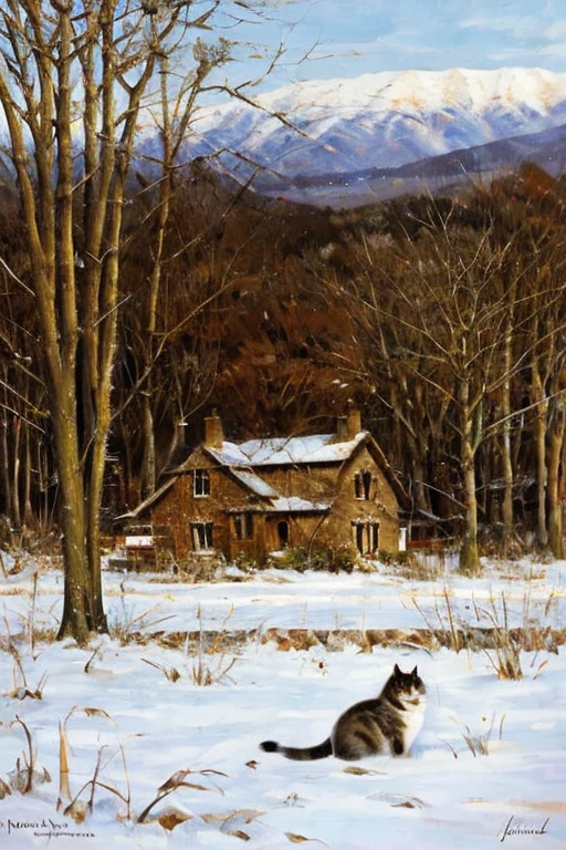 portrait of a cat on the background of the winter countryside