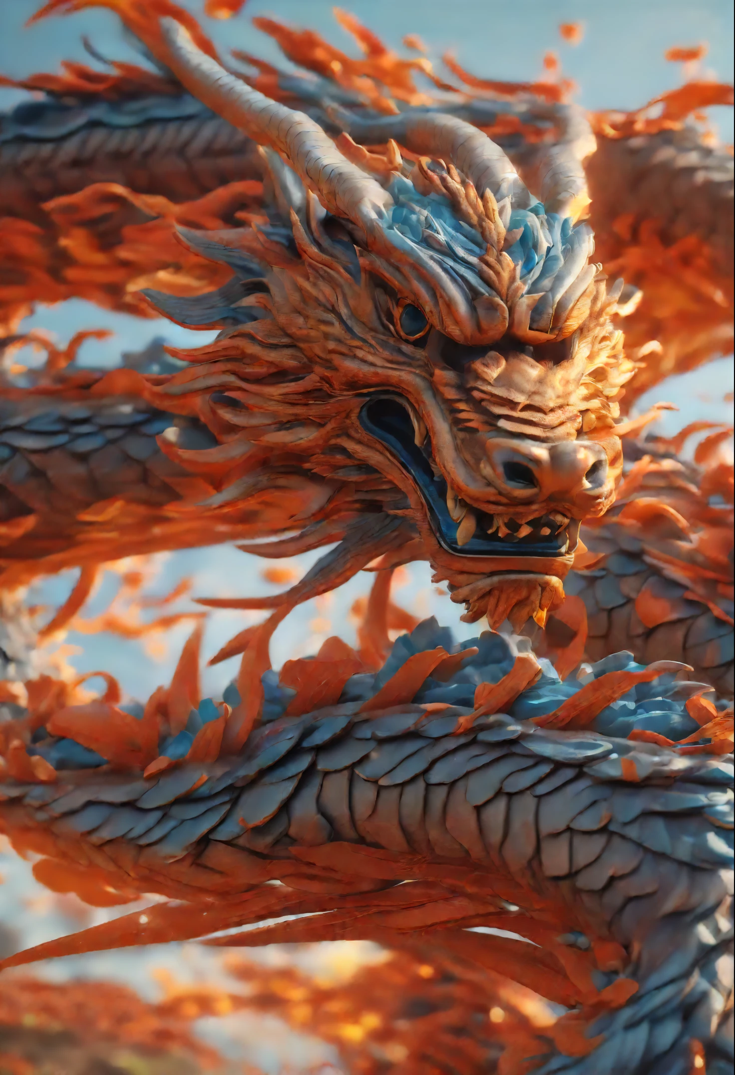 3d japanese dragon, Japanese zodiac dragon,Flying, Huge, 3D art of an encapsulated dragon, Stunning artwork, Very high quality artwork, beautiful artwork, Hyper-Realism, beeple colors, Japanese traditional colors, orange, greys, Wide Shot, (Best Quality,4K,8K,hight resolution,masutepiece:1.2),Ultra-detailed,(Realistic,photoRealistic,photo-Realistic:1.37),nffsw,nffsw,Studio Lighting,Ultra-fine painting,Sharp Focus,Physically-based rendering,extreme detail description,Professional,Vivid colors,Bokeh. Attention：original art