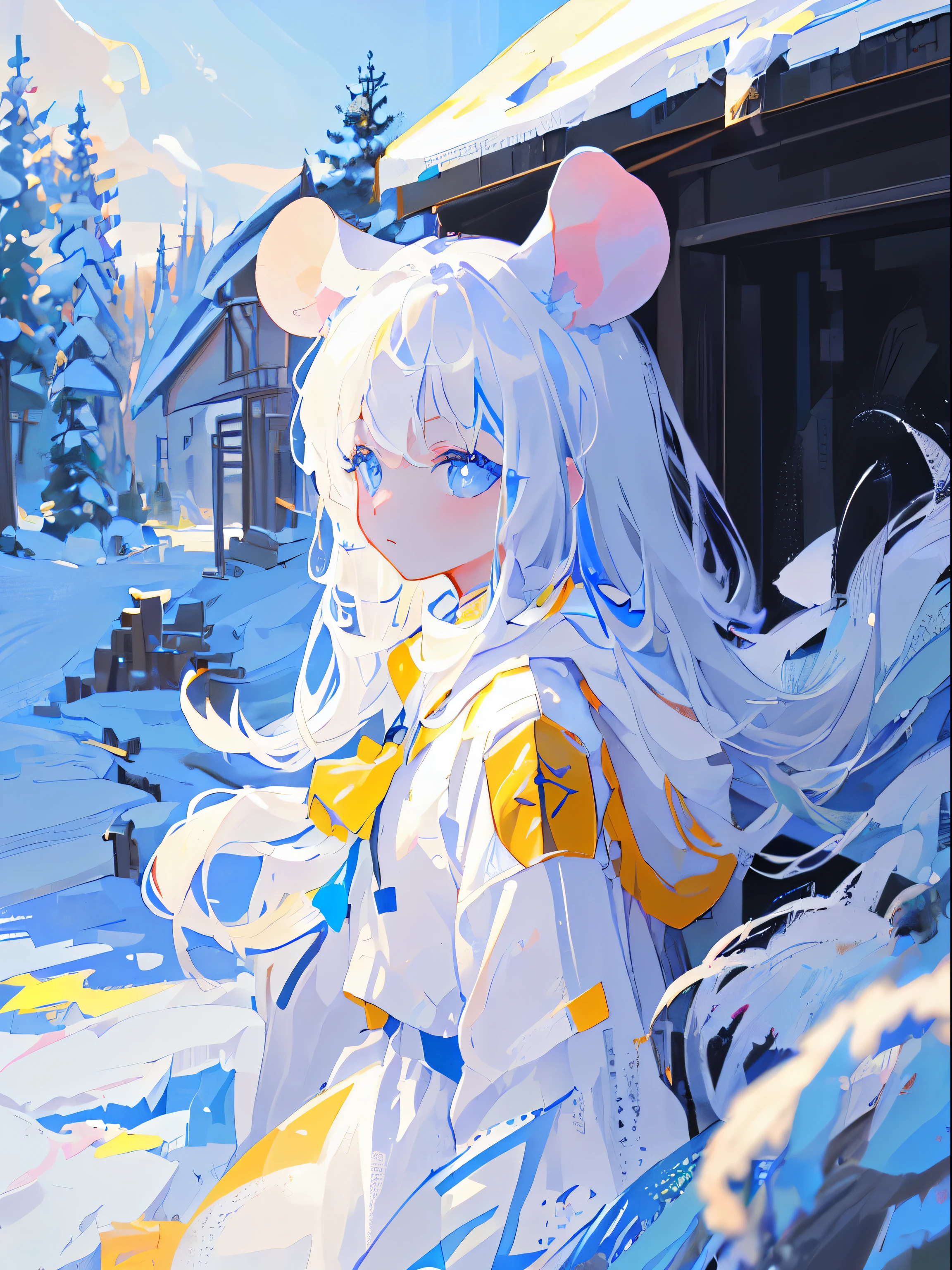 (Best quality at best,4K,8K,A high resolution,tmasterpiece:1.2),ultra - detailed,(actual,photoactual,photo-actual:1.37),Manteau blanc,long flowing white hair,Teenage girl,arknight,Mouse ears,Bright blue eyes,gentlesoftlighting,nature backdrop,breath of the future,Vibrant colors,Focus sharp，Snow resort