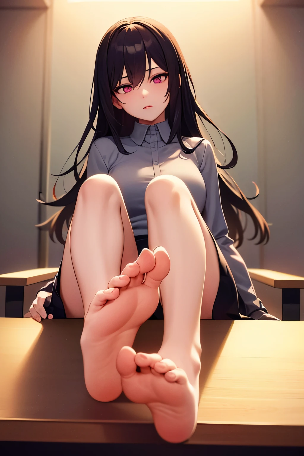 (masterpiece, best quality, ultra-detailed, best shadow), (detailed background), (beautifully detailed face), high contrast, ((cinematic light)), colorful, hyper detail, intricate details, Pixiv Anime Realism Trends, depth of field,

1girl, solo, (ara ara mature femdom look), boss, ceo, goddes presence, demanding look

The expression is domineering and rampant and alluring, (perfect beautiful face), royalty presence, pink eyes, very long hair),

feet, perfect feet. bare legs soles, five toes,

towering over you, sitting on the desk, office