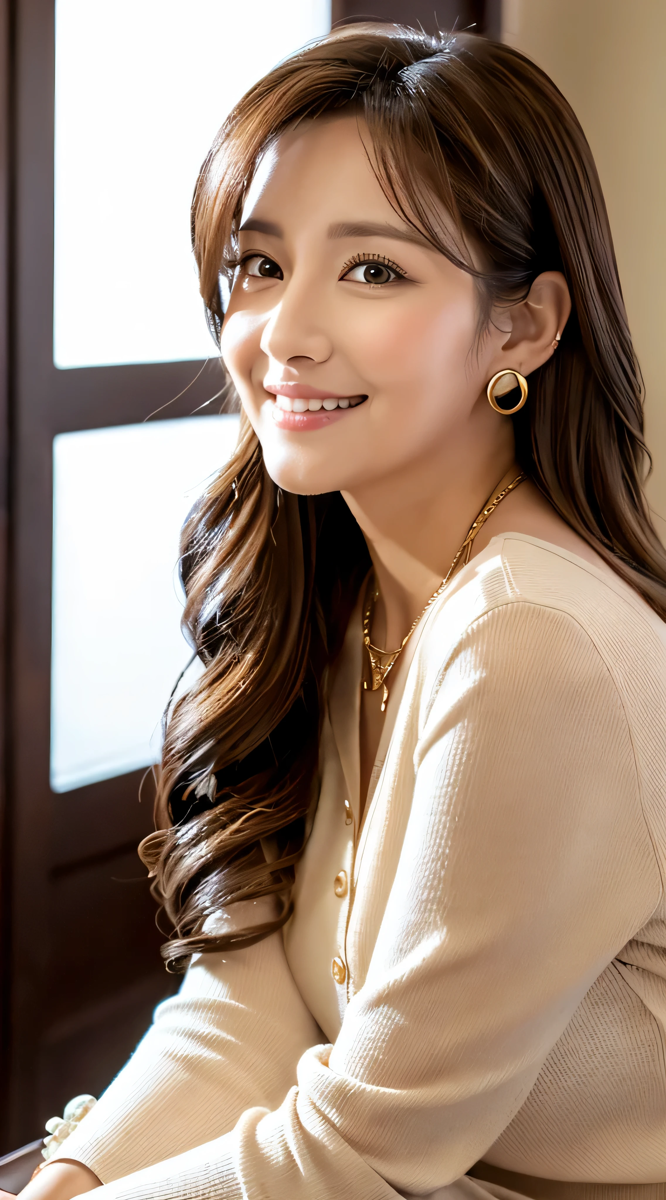 ulzzang -6500-v1.1, (Raw photo:1.2), (Photorealsitic), Beautiful detailed, (Real: 1.4), ighly detailedな目と顔, beatiful detailed eyes, Standing in the office、()、Standing cross-legged、huge filesize, hight resolution, ighly detailed, top-quality, [​masterpiece:1.6], illustratio, ighly detailed, nffsw, finely detail, top-quality, 8k wallpaper, Cinematographic lighting, 1 milf, 43 yeas old, perfect body type, Cute sagging eyes,Beautiful big eyes、Pieckfinger, ((masutepiece)), Best Quality, 1 milf, eye shadow, Portrait, ((FULL BODYSHOT:1.4))、(Very affectionate smile＿Open your mouth wide to the maximum:1.2)、((brown super long hair:1.2))((loose and wavy hair:1.3))((White Button Blouse＿White miniskirt＿Open up to the second button:1.2))((Gold necklace＿large earring:1.3))((FULL BODYSHOT＿Ultra-realistic pantyhose＿high-heels:1.3)