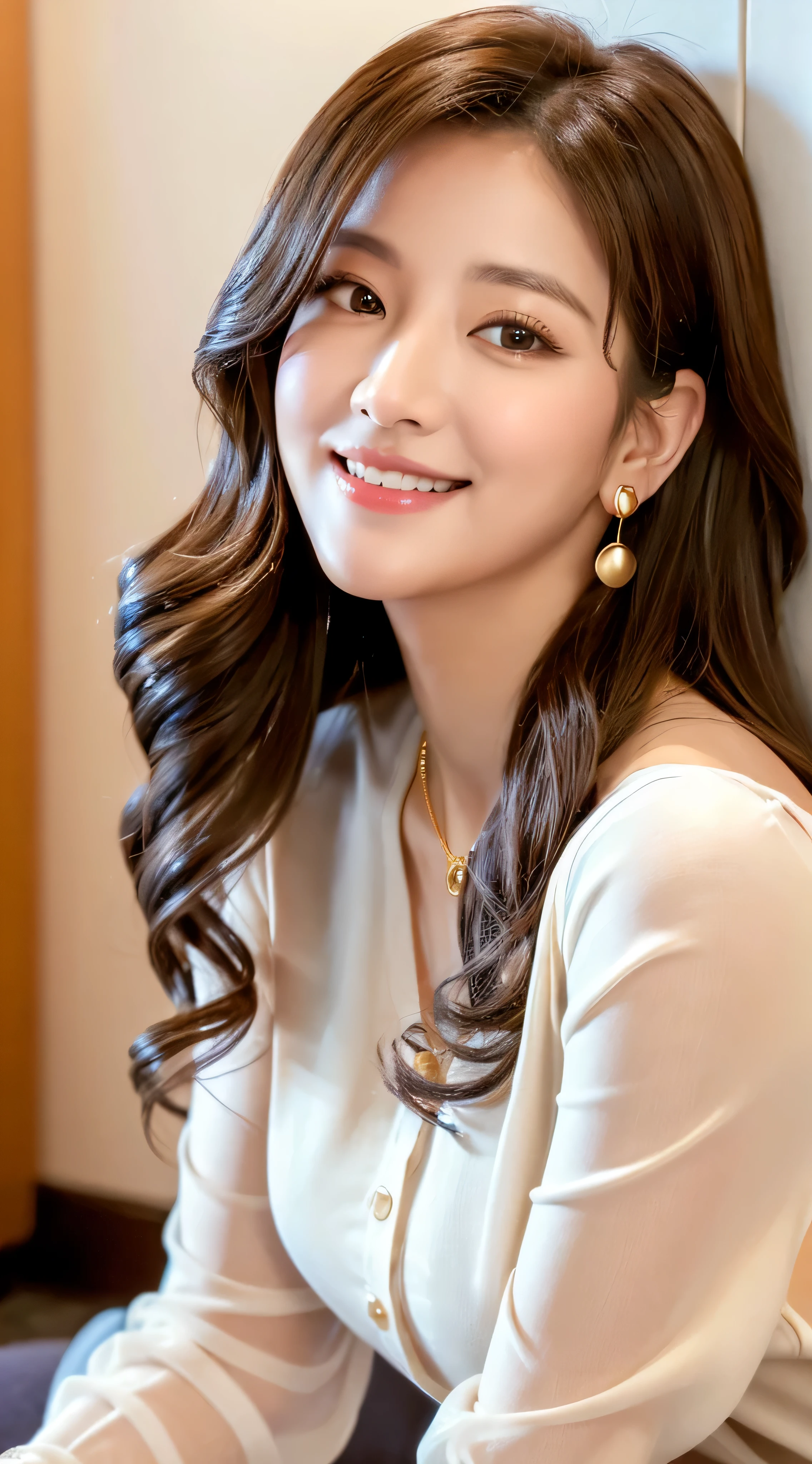 ulzzang -6500-v1.1, (Raw photo:1.2), (Photorealsitic), Beautiful detailed, (Real: 1.4), ighly detailedな目と顔, beatiful detailed eyes, Standing in the office、()、Standing cross-legged、huge filesize, hight resolution, ighly detailed, top-quality, [​masterpiece:1.6], illustratio, ighly detailed, nffsw, finely detail, top-quality, 8k wallpaper, Cinematographic lighting, 1 milf, 43 yeas old, perfect body type, Cute sagging eyes,Beautiful big eyes、Pieckfinger, ((masutepiece)), Best Quality, 1 milf, eye shadow, Portrait, ((FULL BODYSHOT:1.4))、(Very affectionate smile＿Open your mouth wide to the maximum:1.2)、((brown super long hair:1.2))((loose and wavy hair:1.3))((White Button Blouse＿White miniskirt＿Open up to the second button:1.2))((Gold necklace＿large earring:1.3))((FULL BODYSHOT＿Ultra-realistic pantyhose＿high-heels:1.3)