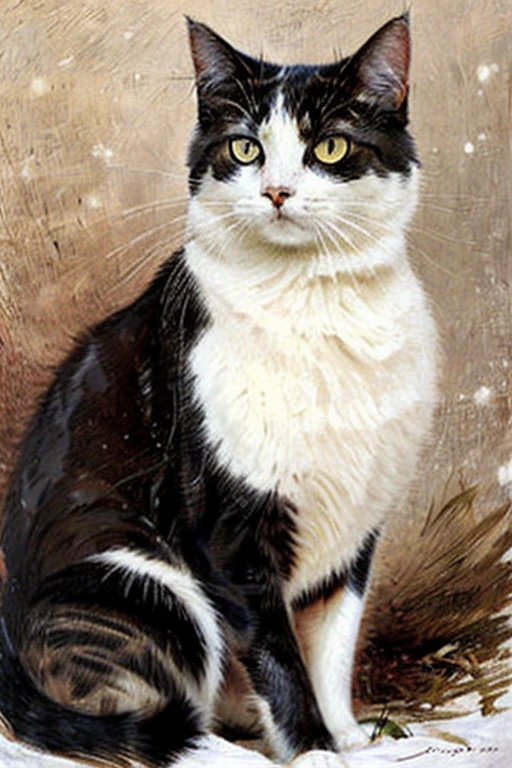 portrait of a cat on a snow background in Victorian style