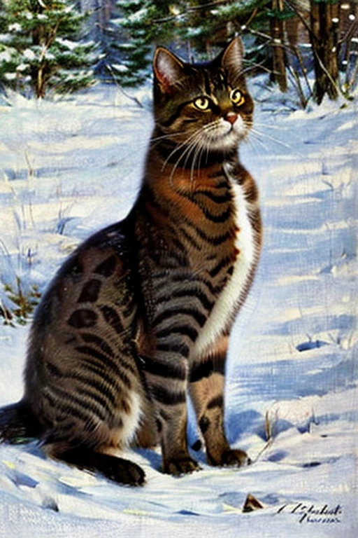 portrait of a cat on a snow background in Victorian style