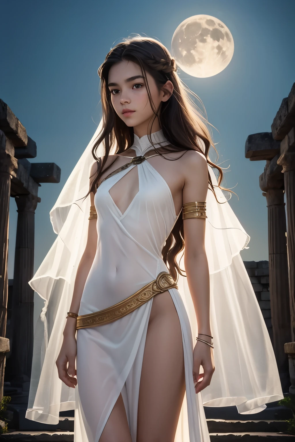 A young androgynous girl in a barbarian setting. Happy. Kind. Friendly. Very pale skin with freckles and liverspots. Long wavy dark-brown hair. A round soft face and chin. Very thin and barely visible eyebrows. Darkbrown eyecolour. Upturned eyes. Long and wide nose. Curved lips. Long neck. Small chest. Slim. Wide hips. Long thick legs. Wearing a white archaic transparent dress. Background: A ancient temple in the nighttime. Full moon is shining.
