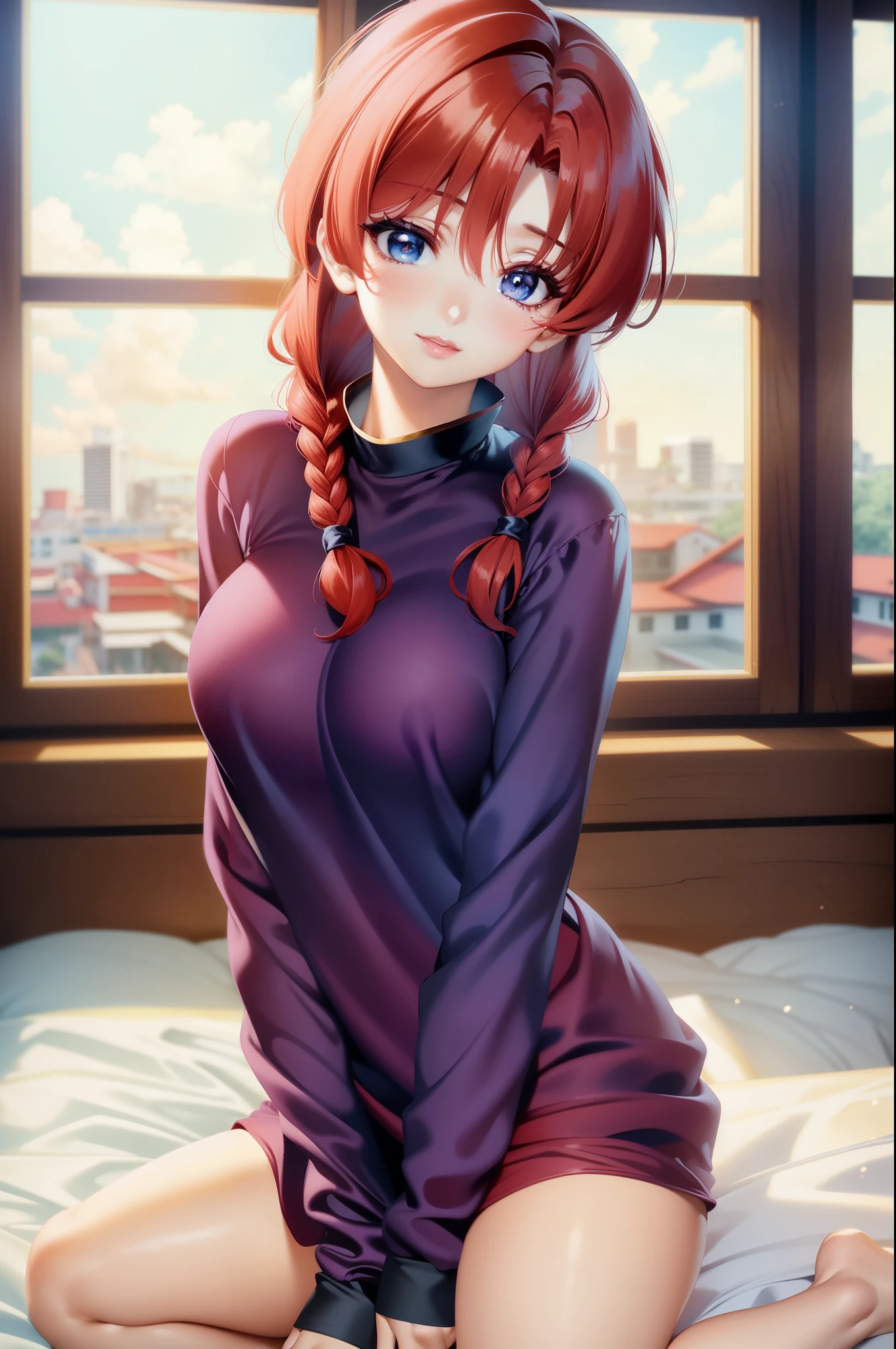 Close Girl Ranma chan Redhead blouse, Artwork by Rumiko Takahashi, ((Big breasts, 16 year old girl)), (Perfect Body: 1,1), (Young), (Long braid of red hair: 1,2) , (Crimson blouse), (very delicate and beautiful), (masterpiece), (best quality: 1.0), (ultra high definition: 1.0), beautiful lighting, perfect lighting, realistic shadows, [high resolution], skin magnificent, ultra wonderful, (beautiful hair braid), beautiful breasts, blush, photorealistic, big blue eyes, (colorful) smile (cleavage))), (eyeliner), (mascara), ((reddish red hair)) ((perfect body) ) ((beautiful thighs)), ((open thighs)), small beautiful pink lips, sexy girl, very sexy outfit, Oppai, trend on cgstation, Ranma Chan