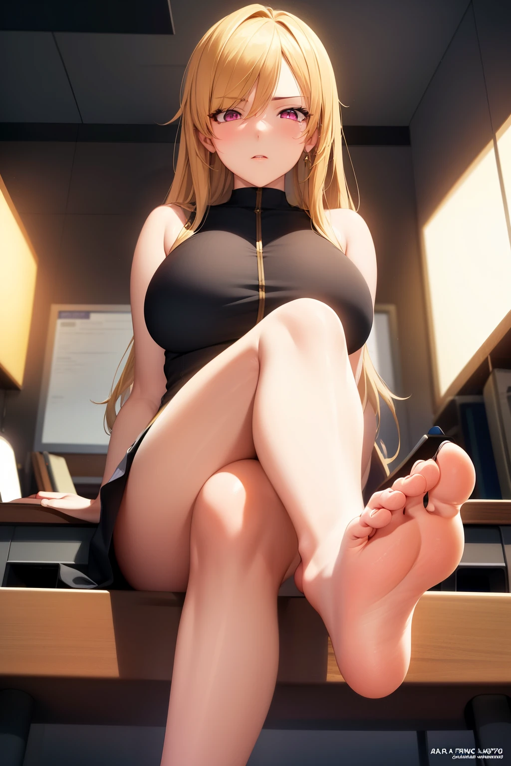 (masterpiece, best quality, ultra-detailed, best shadow), (detailed background), (beautifully detailed face), high contrast, ((cinematic light)), colorful, hyper detail, intricate details, Pixiv Anime Realism Trends, depth of field,
1girl, solo, (ara ara mature femdom look), boss, ceo, goddes presence, demanding look
The expression is domineering and rampant and alluring, (perfect beautiful face), royalty presence, pink eyes, very long visable hair ramdom color),
feet, perfect feet. bare legs soles, five toes,
towering over you, sitting on the desk, office