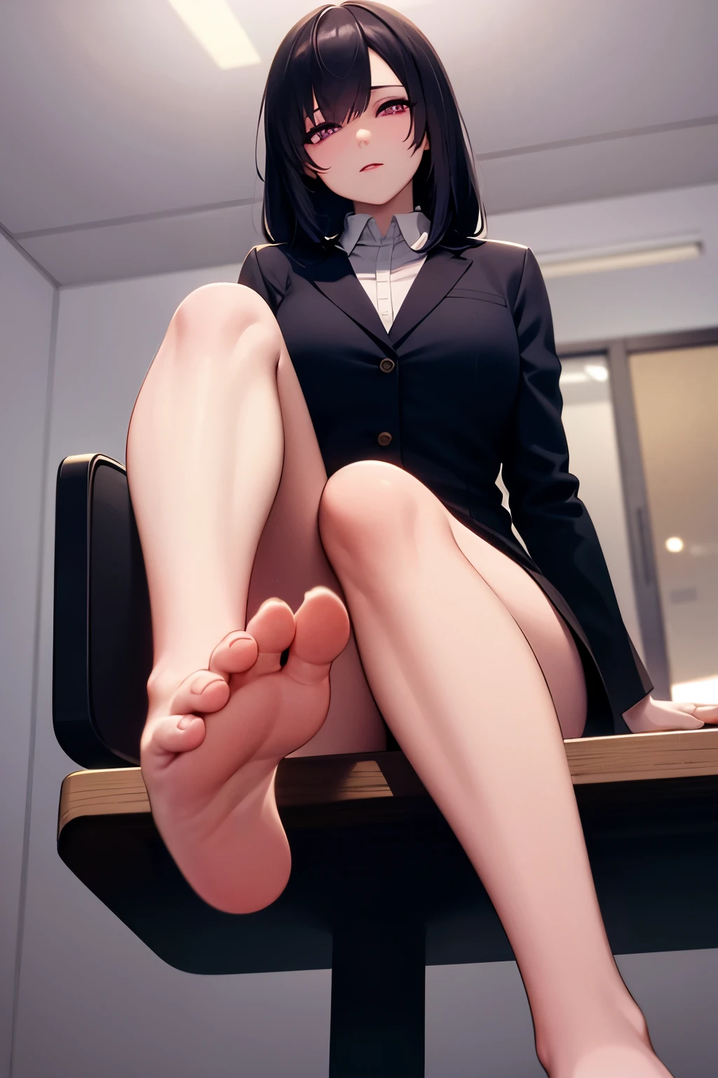 (masterpiece, best quality, ultra-detailed, best shadow), (detailed background), (beautifully detailed face), high contrast, ((cinematic light)), colorful, hyper detail, intricate details, Pixiv Anime Realism Trends, depth of field,

1girl, solo, (ara ara mature femdom look), boss, ceo, goddes presence, demanding look

The expression is domineering and rampant and alluring, (perfect beautiful face), royalty presence, pink eyes, very long hair),

feet, perfect feet. bare legs soles, five toes,

towering over you, sitting on the desk, office