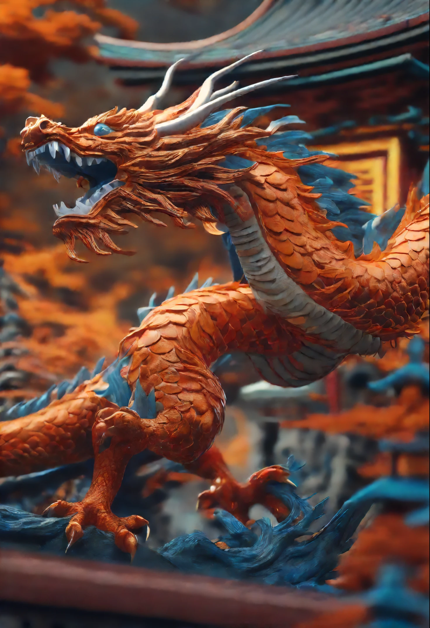 3d japanese dragon, Japanese zodiac dragon,Flying, Huge, 3D art of an encapsulated dragon, Stunning artwork, Very high quality artwork, beautiful artwork, Hyper-Realism, beeple colors, Japanese traditional colors, orange, greys, Wide Shot, (Best Quality,4K,8K,hight resolution,masutepiece:1.2),Ultra-detailed,(Realistic,photoRealistic,photo-Realistic:1.37),nffsw,nffsw,Studio Lighting,Ultra-fine painting,Sharp Focus,Physically-based rendering,extreme detail description,Professional,Vivid colors,Bokeh. Attention：original art