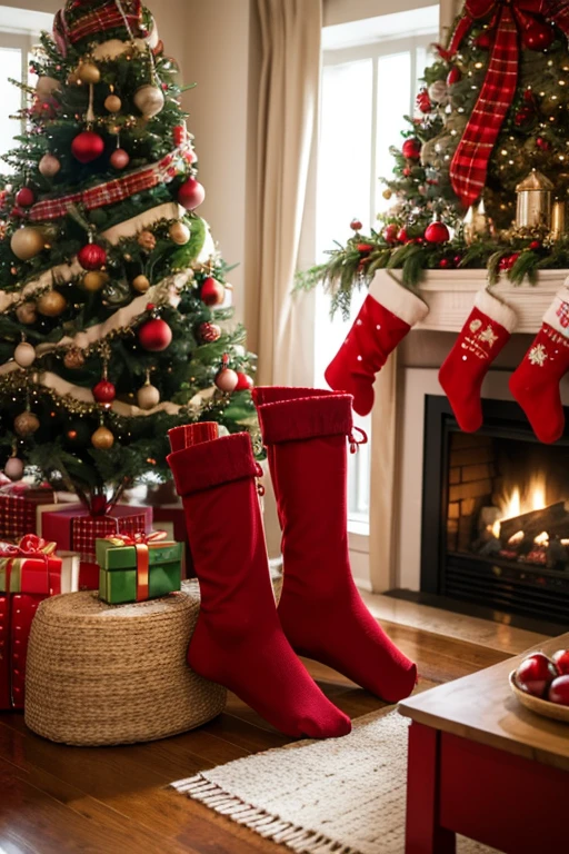 Christmas atmosphere,Various decorations in the house,Christmas tree,Christmas stockings,Christmas gifts,
