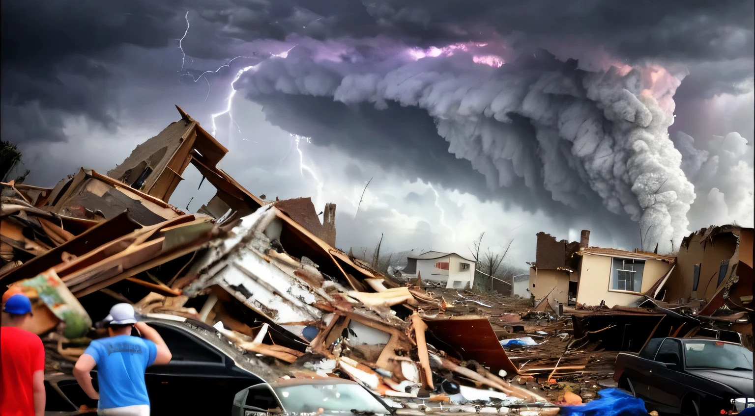 house destroyed in a tornado with lightning in the sky, destruindo casas, fotografia de desastres, foto de tornado monstruoso, apocalypse hurricane storm, uma imagem de um tornado, buildings destroyed, Tornado Twister, tempestades de tempo severo, destrutivo, Tornados, tornado, Debris flying around, city destruction, Destroyed buildings, destroying buildings, Severus - Appearance, quando um tornado se aproxima