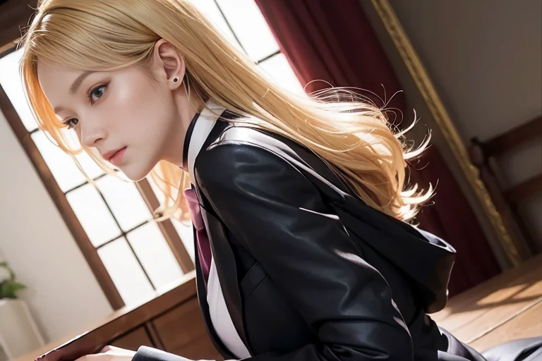 an beautiful,
(((tmasterpiece))), ((Best quality at best)), ((intricately details)), ((hyper realisitc)), Ridiculous resources, 摩洛解放阵线, Mature woman, (),Perspectives, The content is very detailed, lamplight, Perfect hands, detailed finger, 美丽细致lewd eyes, Long blonde hair, 棕色lewd eyes, CEO, (Professional Dress:1.2), Blazer in similar color scheme,Paired with thin lapel dress,Black leather pantyhose,Pink collar, ear nipple ring, livestock, detailedbackground, Bedrooms, 完美lewd eyes, lewd eyes, looking at viewert, seen from the side