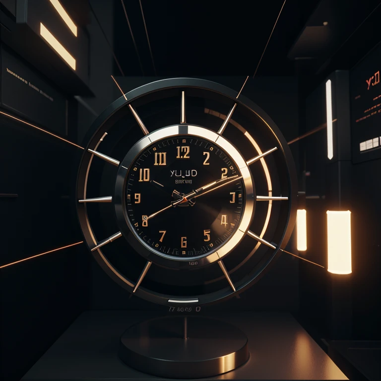 a close up of a futurstic 3d clock, 3d render, straight view position, no xyz rotation,written some numbers on clock , 3d big Wire flying randomly,, Cinematic, 4k Framegrab