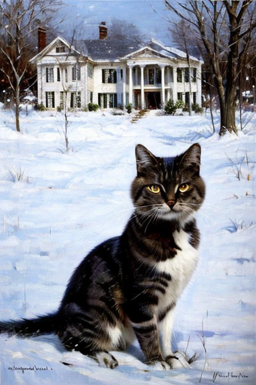 portrait of a white and gray cat against a background of a snow-covered landscape in the Victorian style