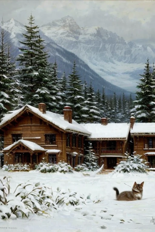 portrait of a white and gray cat against a background of a snow-covered landscape in the Victorian style