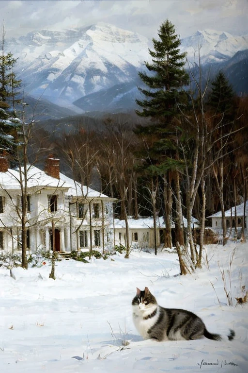 portrait of a white and gray cat against a background of a snow-covered landscape in the Victorian style