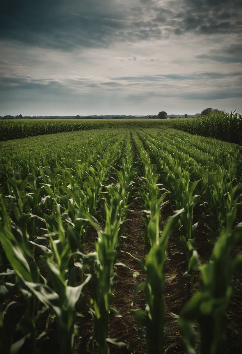 a wide-angle shot of a vast cornfield, showcasing the rows of tall, vibrant green stalks as they stretch into the distance