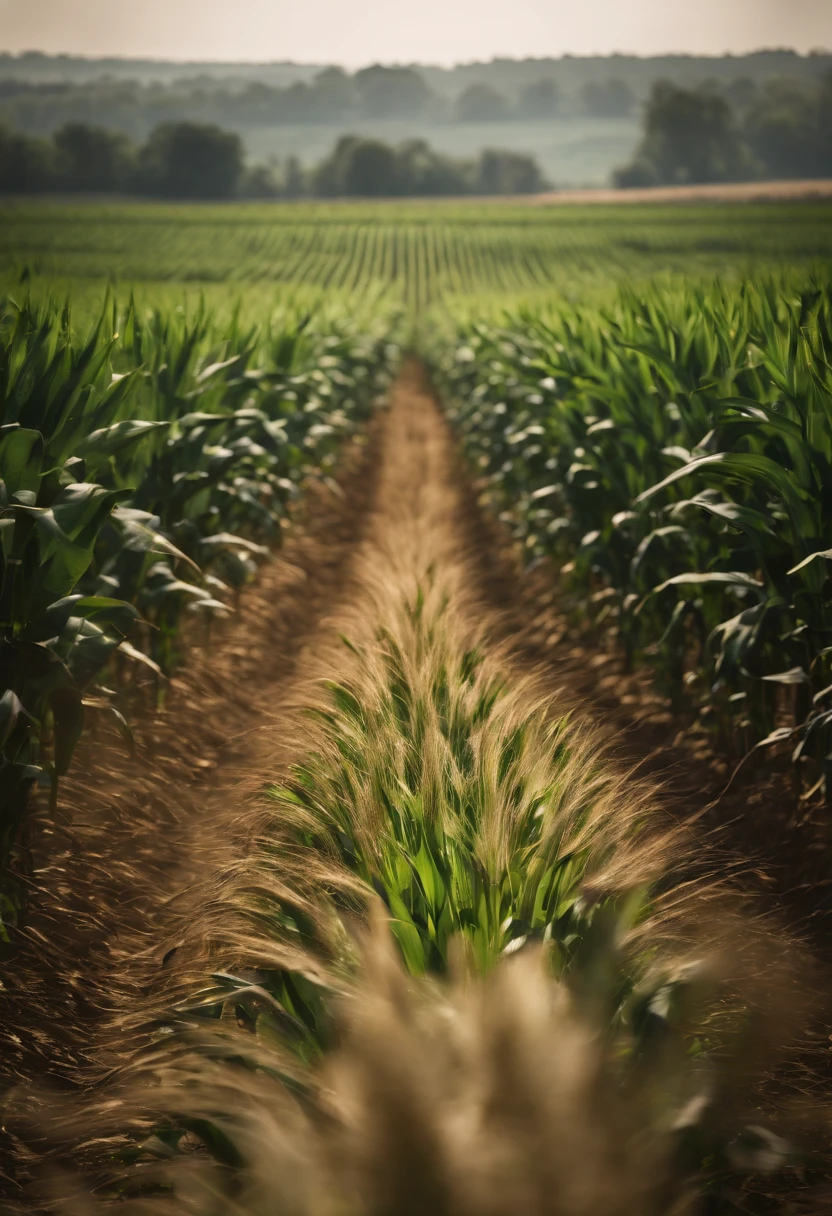 a wide-angle shot of a vast cornfield, showcasing the rows of tall, vibrant green stalks as they stretch into the distance
