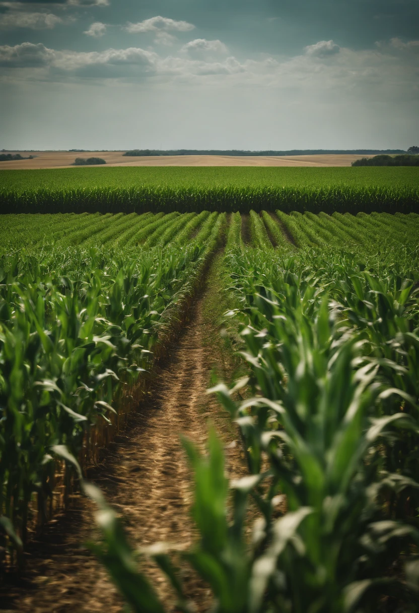 a wide-angle shot of a vast cornfield, showcasing the rows of tall, vibrant green stalks as they stretch into the distance