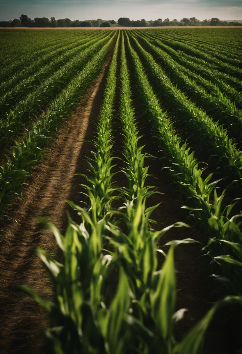 a wide-angle shot of a vast cornfield, showcasing the rows of tall, vibrant green stalks as they stretch into the distance