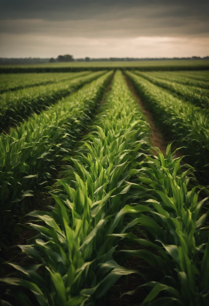 a wide-angle shot of a vast cornfield, showcasing the rows of tall, vibrant green stalks as they stretch into the distance