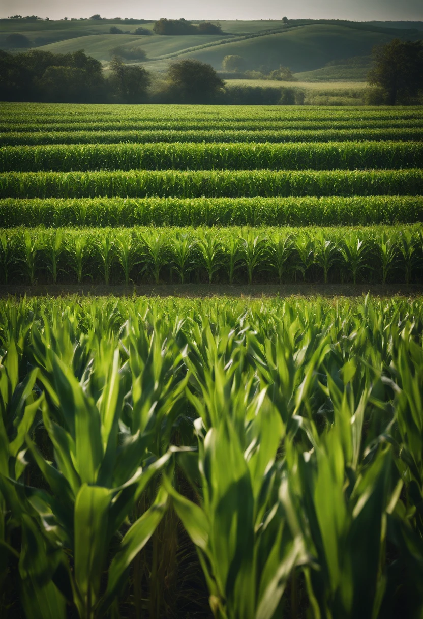 a wide-angle shot of a vast cornfield, showcasing the rows of tall, vibrant green stalks as they stretch into the distance