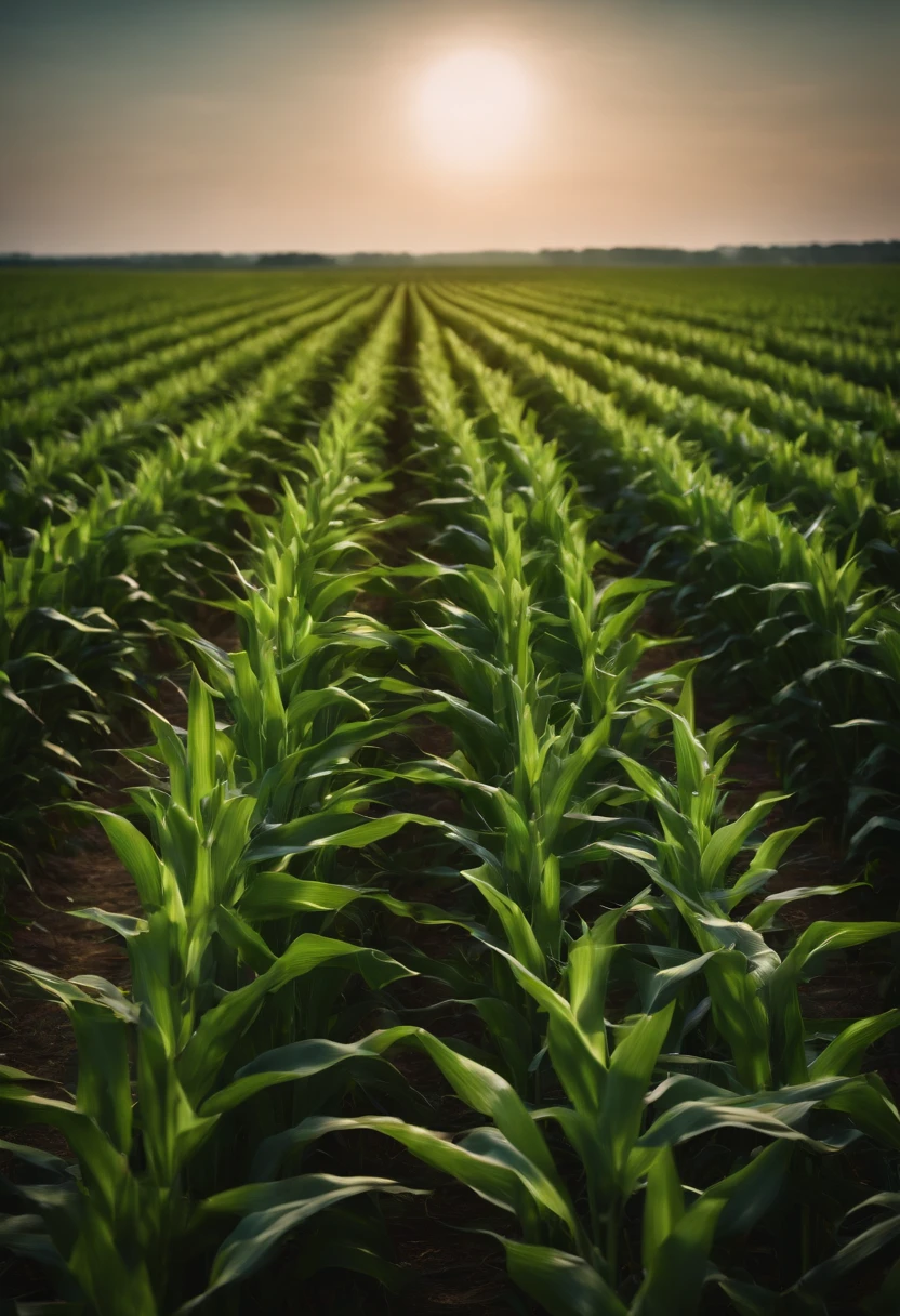 a wide-angle shot of a vast cornfield, showcasing the rows of tall, vibrant green stalks as they stretch into the distance