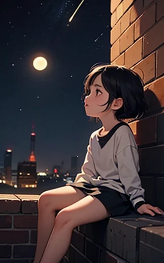 "a girl 8-years old, con el pelo negro corto, She is sitting on a brick wall looking at the night sky. De repente, she sees a meteorite coming towards her."