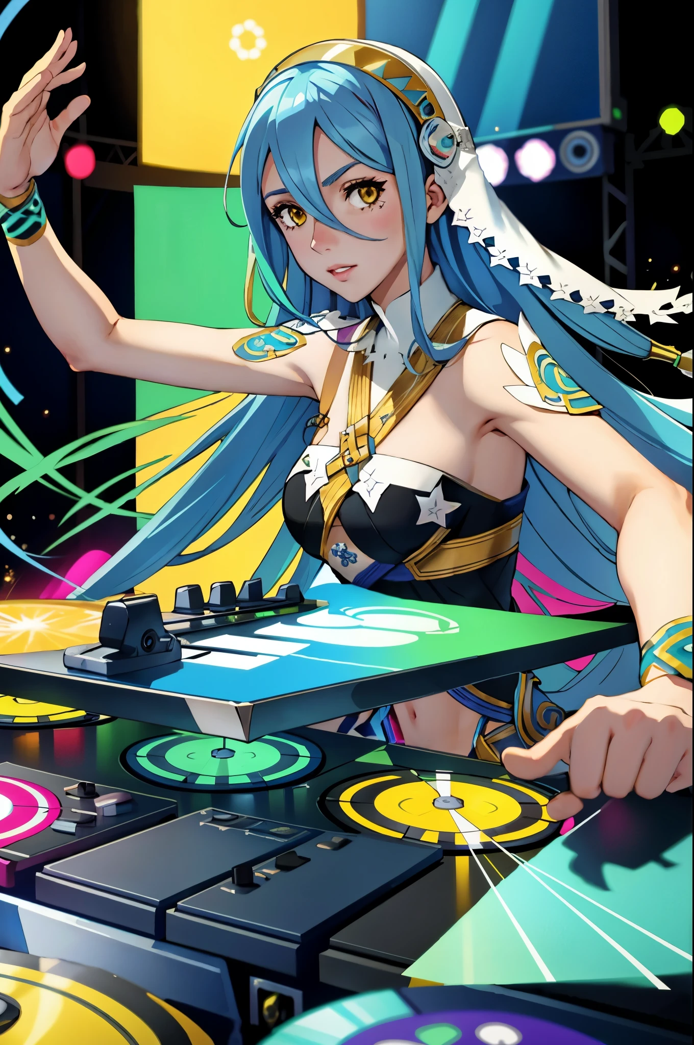 "A solo shot featuring  res_azura   a DJ, showcasing her skills on the turntables at a vibrant rave."