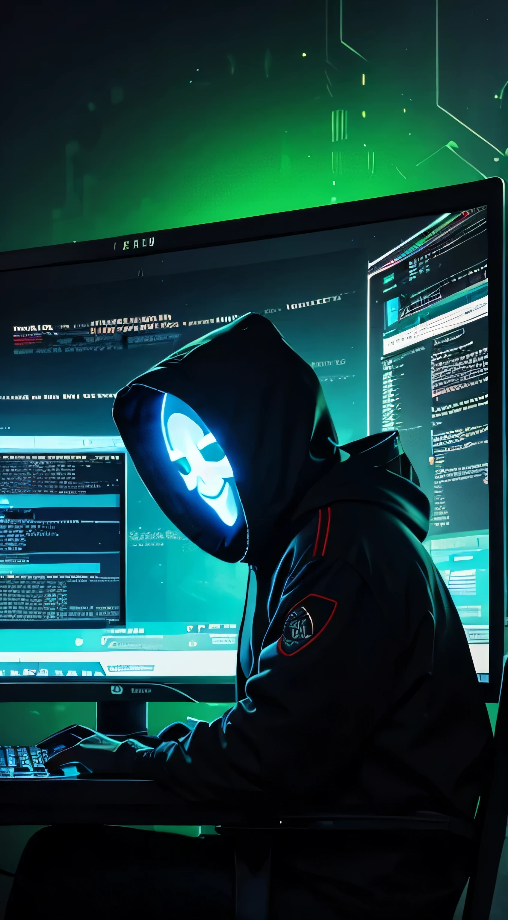 hacker,sentado em frente ao computador,Tela detalhada,code,teclado,monitor,Tecnologia,Programa de computador gerado por IA,texto verde brilhante,Interface de linha de comando,Cyber Security,Secure connection,Anonymous,Encryption,firewall,hacker mask,Capuz,Matrix-style code flow,high resolution vector graphics,estilo cyberpunk,neon lights,Color: electric blue,Forensic analysis,High-quality digital art.