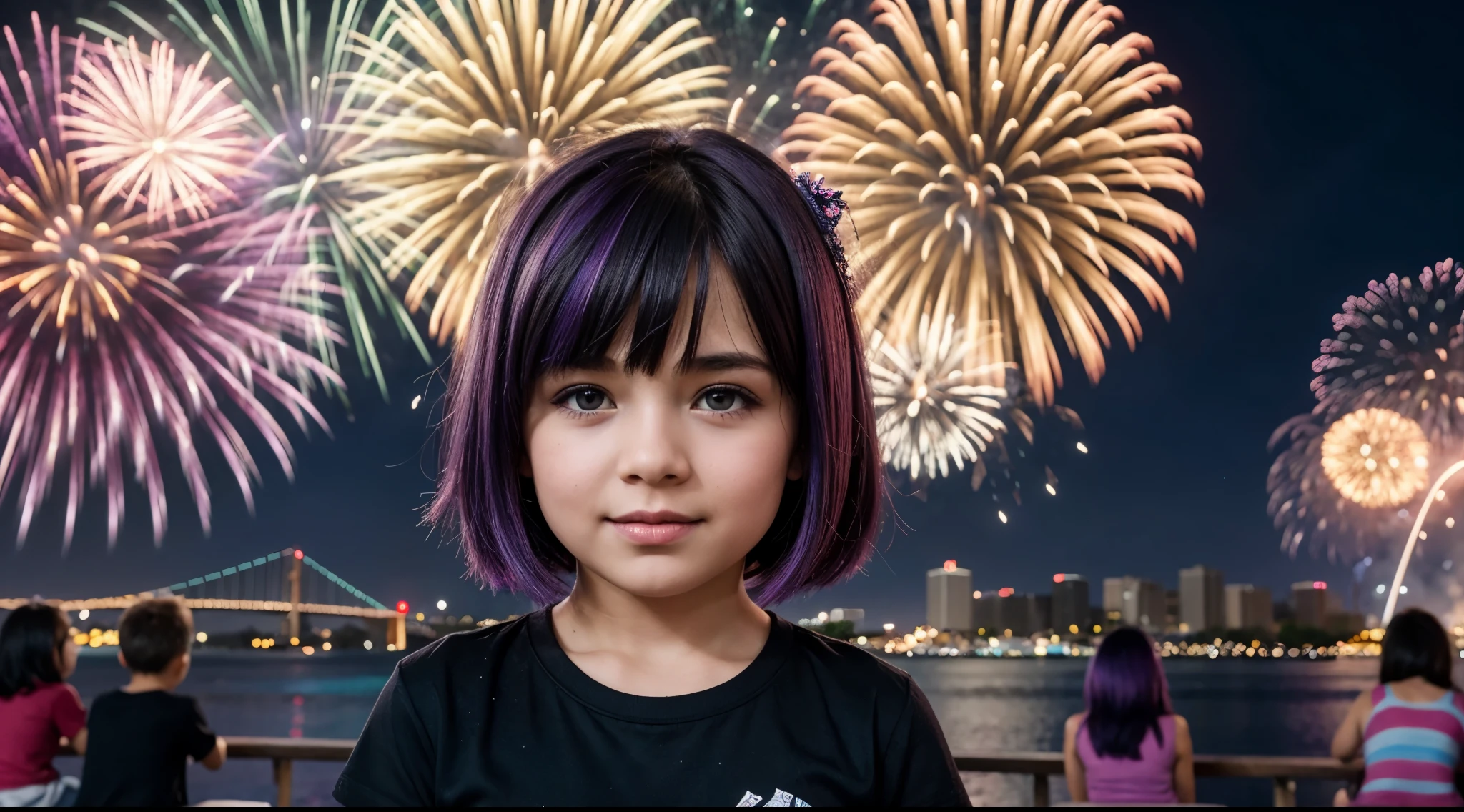 FIREWORKS , There is a purple hair child GIRL in a black shirt,