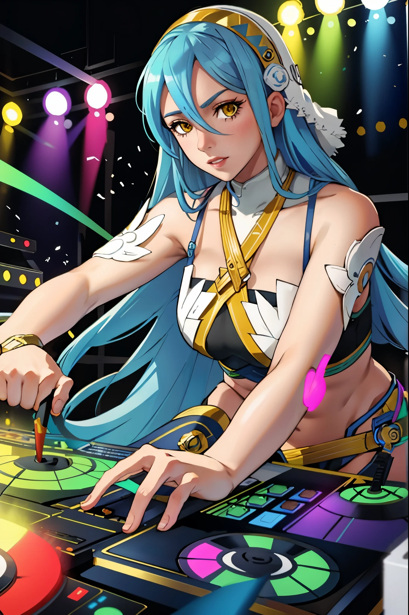 "A solo shot featuring  res_azura   a DJ, showcasing her skills on the turntables at a vibrant rave."