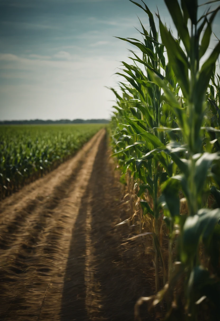 a wide-angle shot of a vast cornfield, showcasing the rows of tall, vibrant green stalks as they stretch into the distance