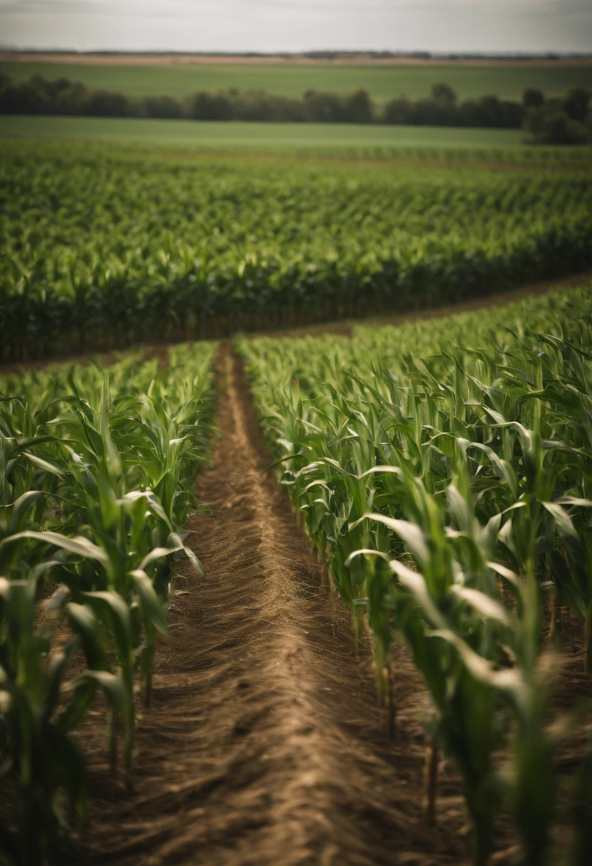 a wide-angle shot of a vast cornfield, showcasing the rows of tall, vibrant green stalks as they stretch into the distance