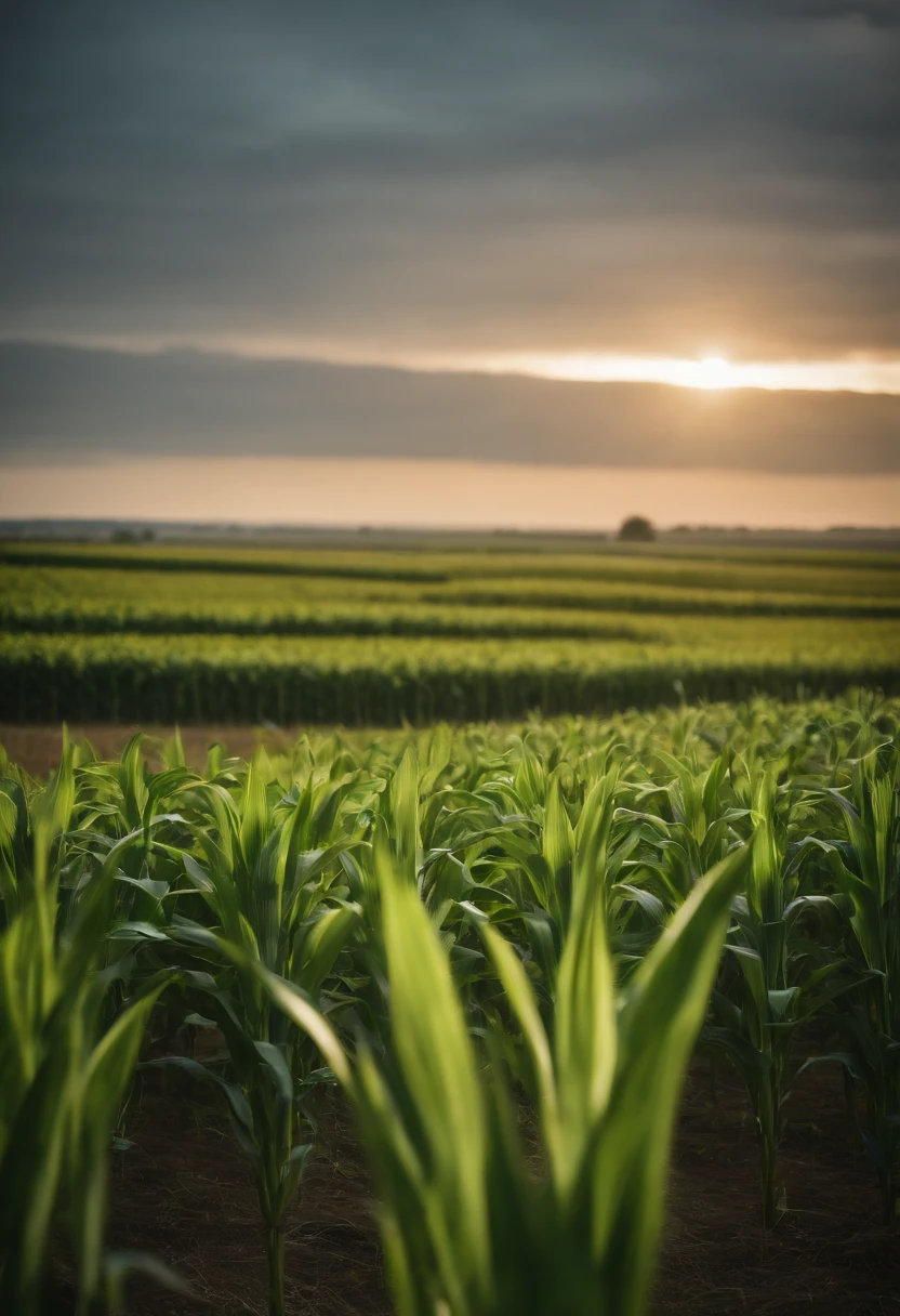 a wide-angle shot of a vast cornfield, showcasing the rows of tall, vibrant green stalks as they stretch into the distance