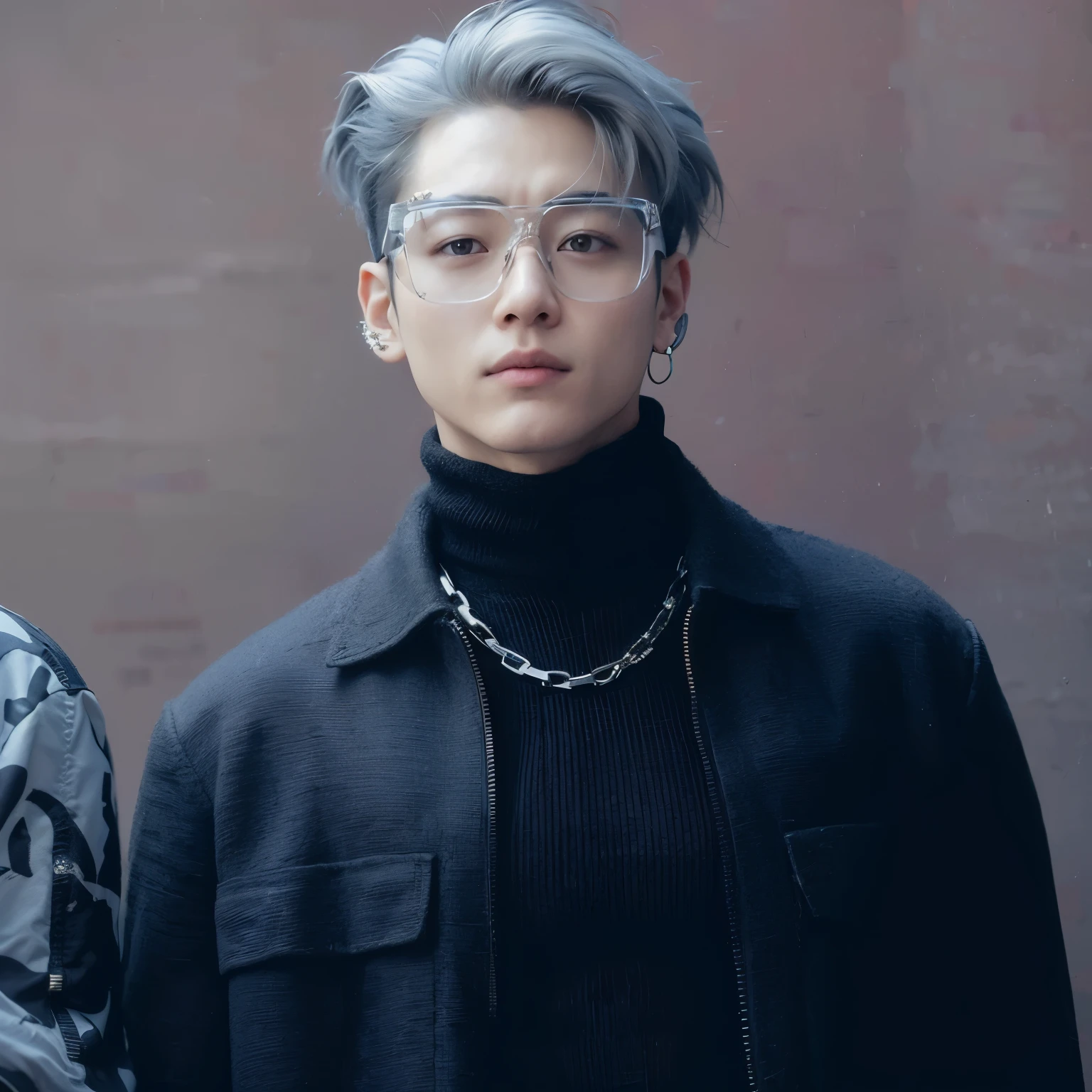 A closeup of a person wearing glasses and a black jacket, Jungkook, Jeon Jungkook, chave ainda, TaeJune Kim, With eye Glasses pretos,Jeon Jungkook, usando cabelos prateados, ele tem cabelos grisalhos escuros, brilhante da chuva, com o mesmo penteado, Transparent glasses, With eye Glasses, trending artstayion, goggles around his neck, Principais visuais de anime