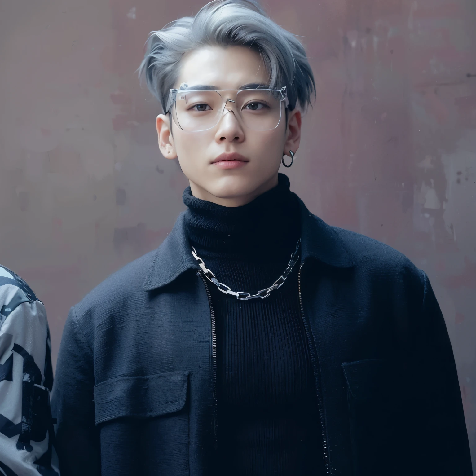 A closeup of a person wearing glasses and a black jacket, Jungkook, Jeon Jungkook, chave ainda, TaeJune Kim, With eye Glasses pretos,Jeon Jungkook, usando cabelos prateados, ele tem cabelos grisalhos escuros, brilhante da chuva, com o mesmo penteado, Transparent glasses, With eye Glasses, trending artstayion, goggles around his neck, Principais visuais de anime