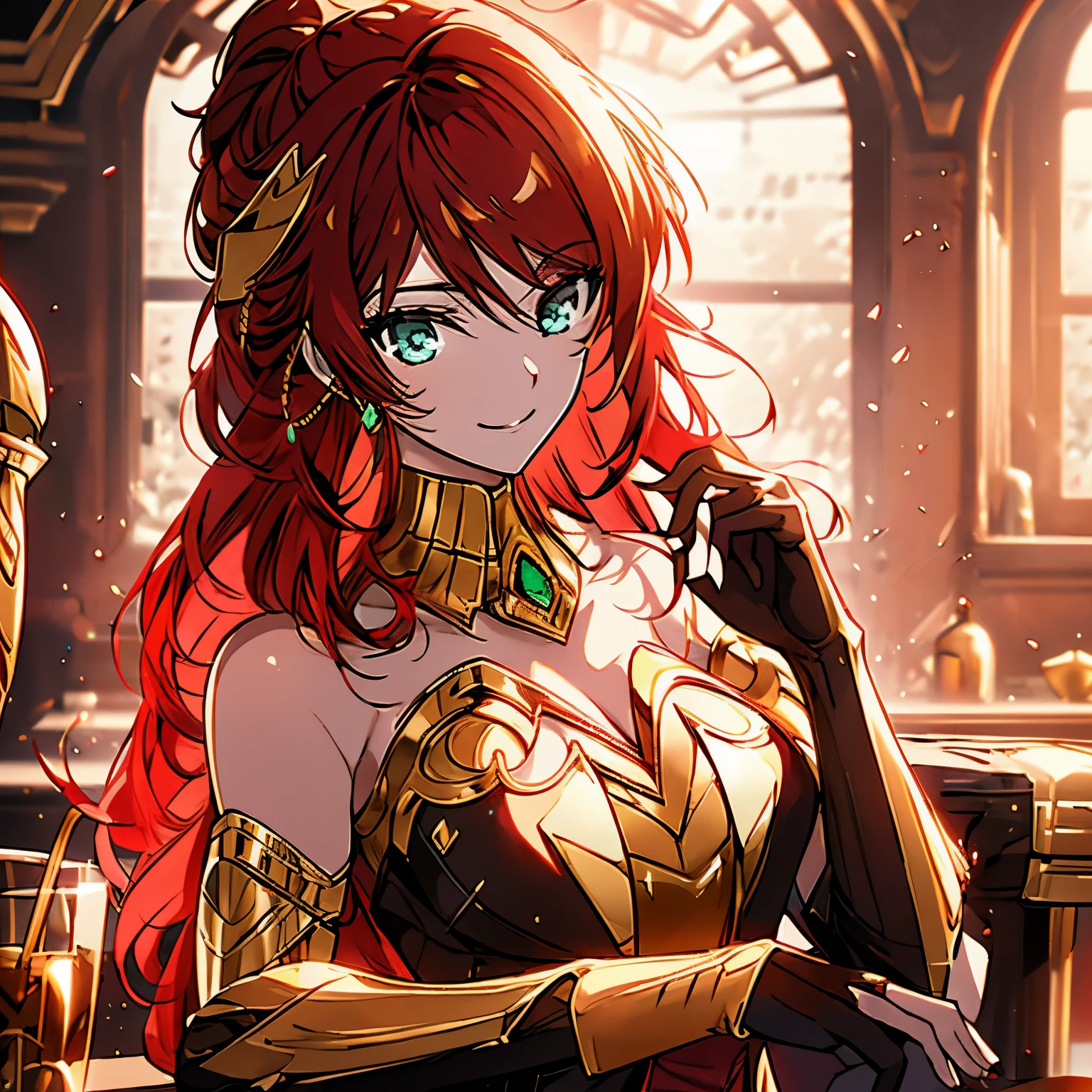 Pyrrha Nikos, nffsw, Metalbound, armor, Gold Jewels, Redheads are very detailed, 8k octane, nffsw, ultra-detailliert, Best Quality, Highest Quality, Realistic lighting, hyperdetails､small tits