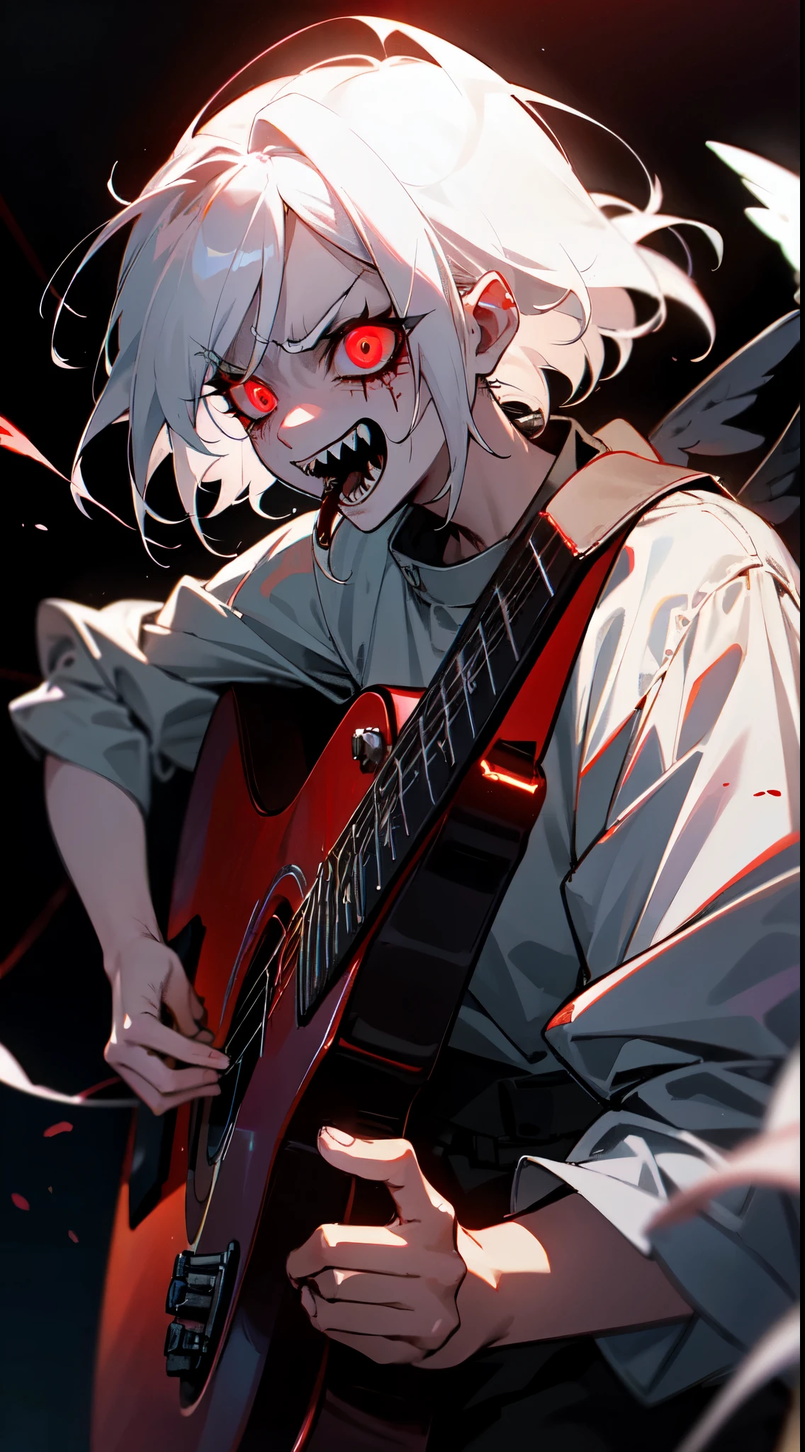 Evil, Scary, uneasy, Bloody, angelic horror, sharpteeth, Glowing eyes, Blood from the mouth,playing guitar on stage